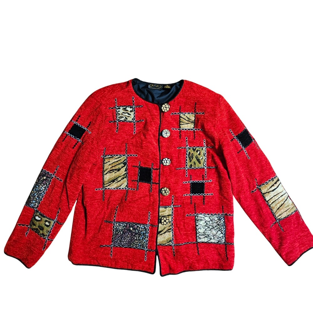 Vintage Julia Kin Animal Print Patchwork Button Front Jacket M Wearable Art